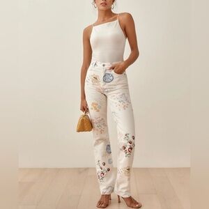 Reformation Floral Straight Leg Jeans - White